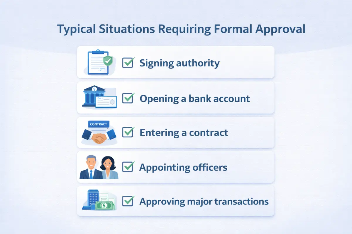 Infographic showing typical situations requiring a corporate resolution including signing authority, opening a bank account, entering a contract, appointing officers, and approving major transactions