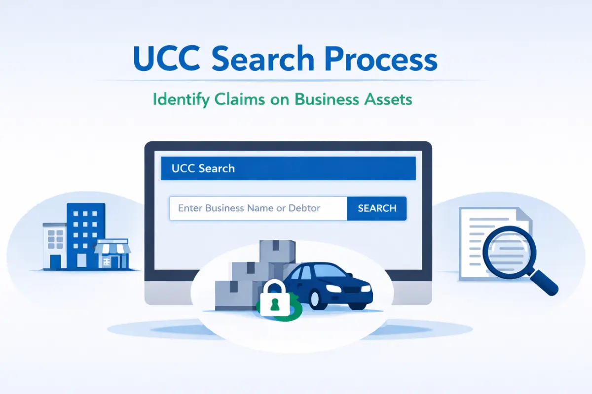 UCC search process diagram showing how to identify claims on business assets using a UCC-1 financing statement lien lookup tool for secured transaction records