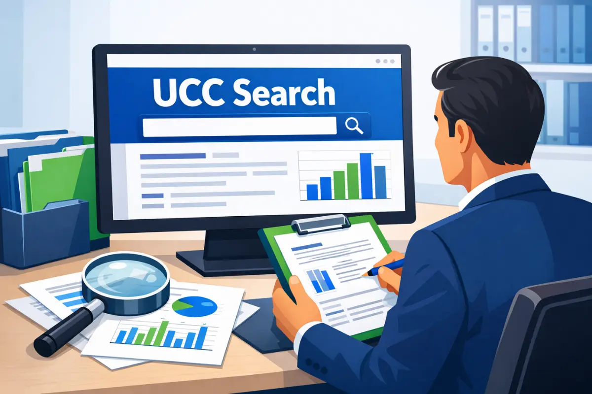 Business professional conducting a UCC filing search and reviewing commercial lien search results and UCC public records for secured transaction due diligence