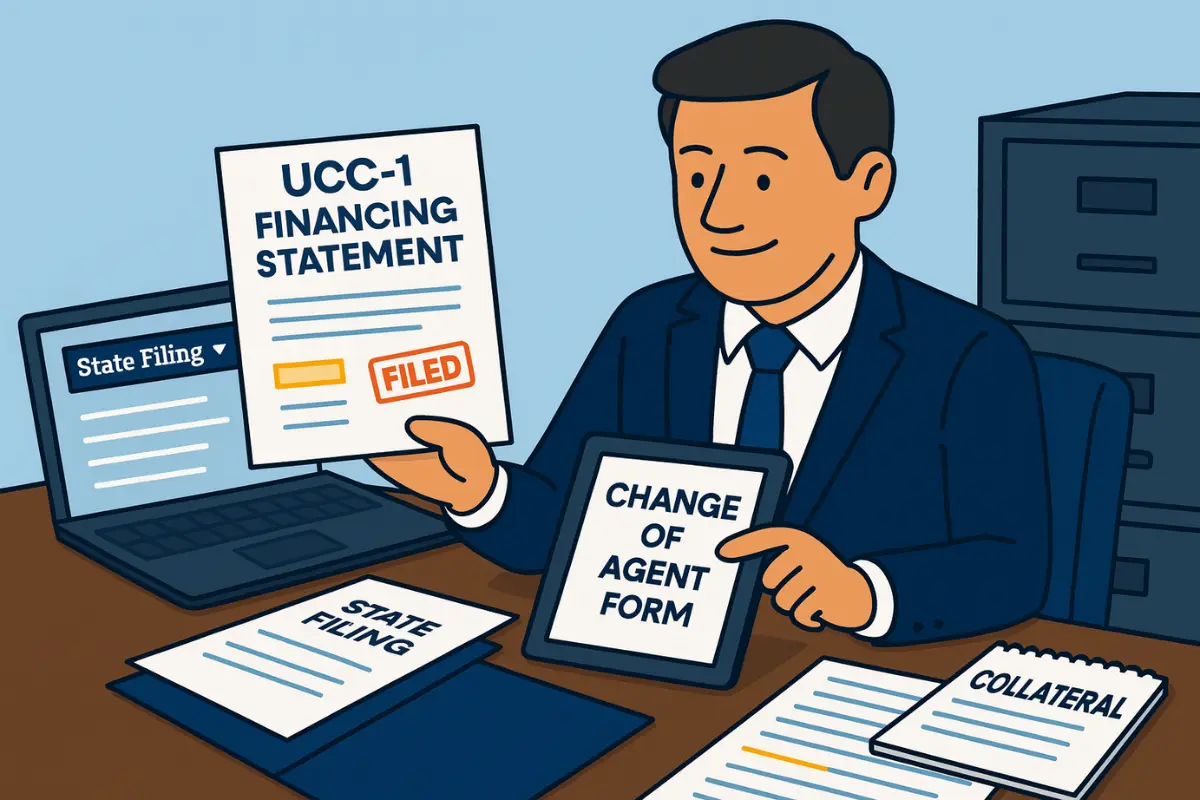 Business owner holding filed UCC-1 financing statement and change of agent form showing completed state filing process for secured loan collateral.