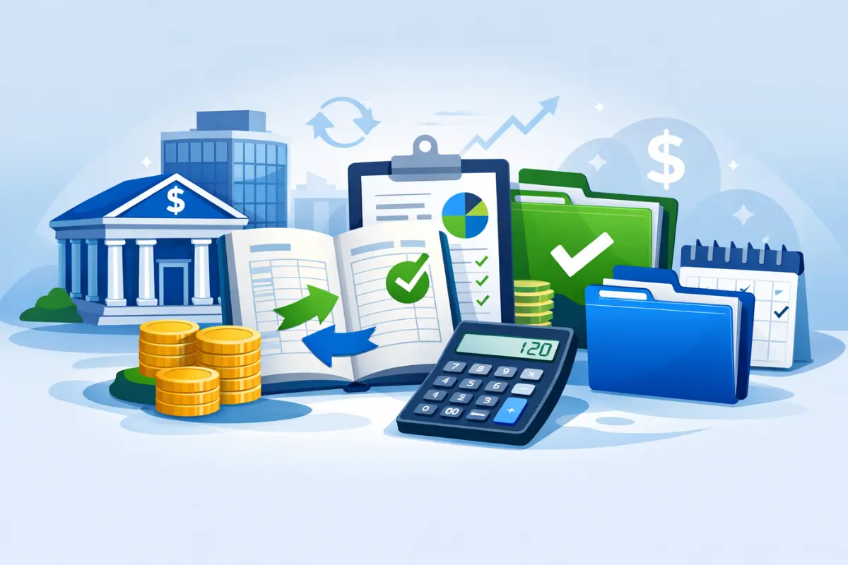 Updating financial accounts and records during business restructuring showing bank transfers tax documents and accounting updates for sole proprietorship to LLC conversion.