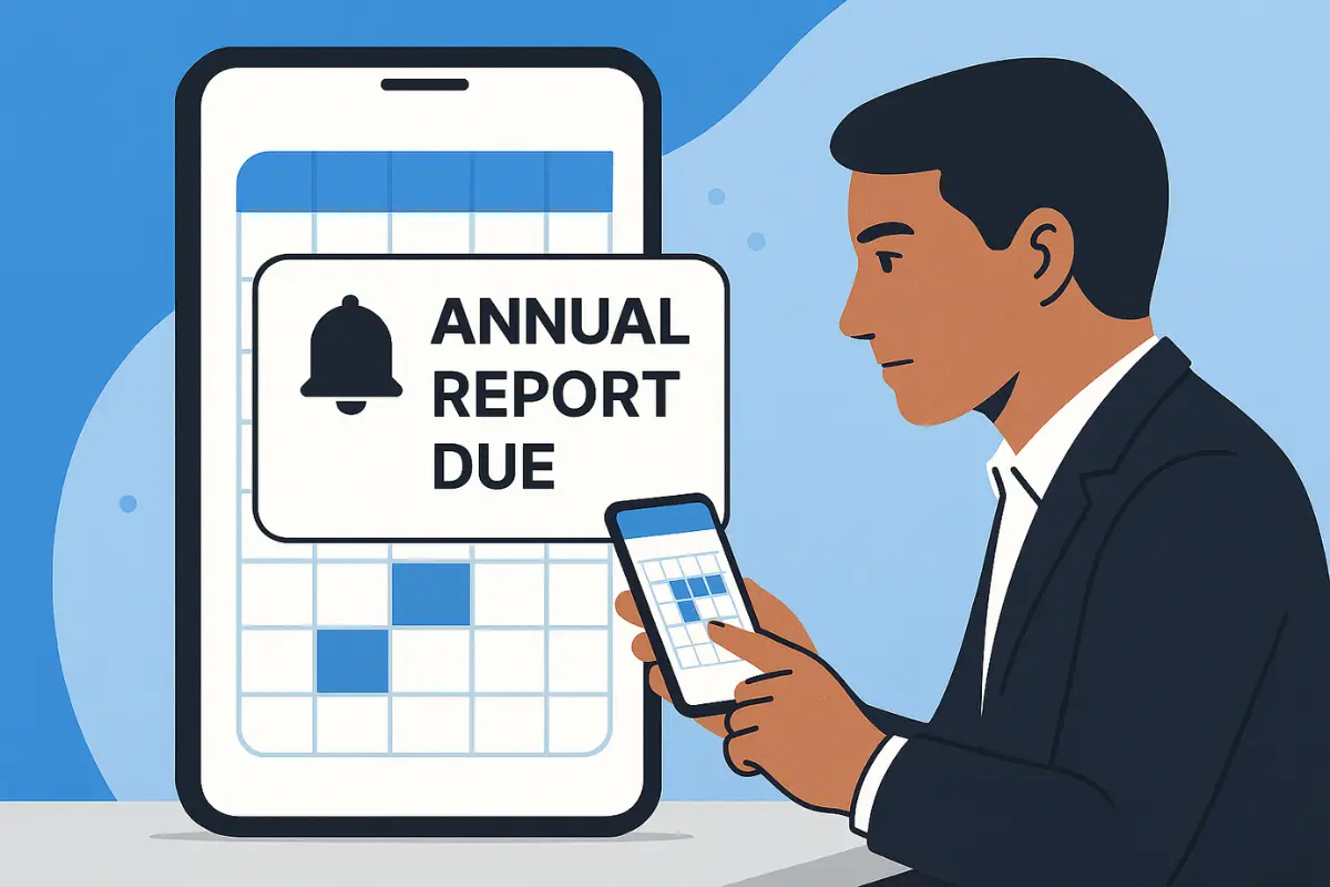 Business owner receiving annual report due date reminder notification on mobile device with calendar alert
