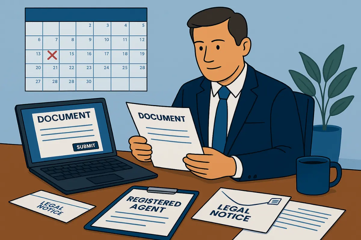 Registered agent handling legal documents and notices with compliance calendar showing registered agent duties for service of process and deadline management.