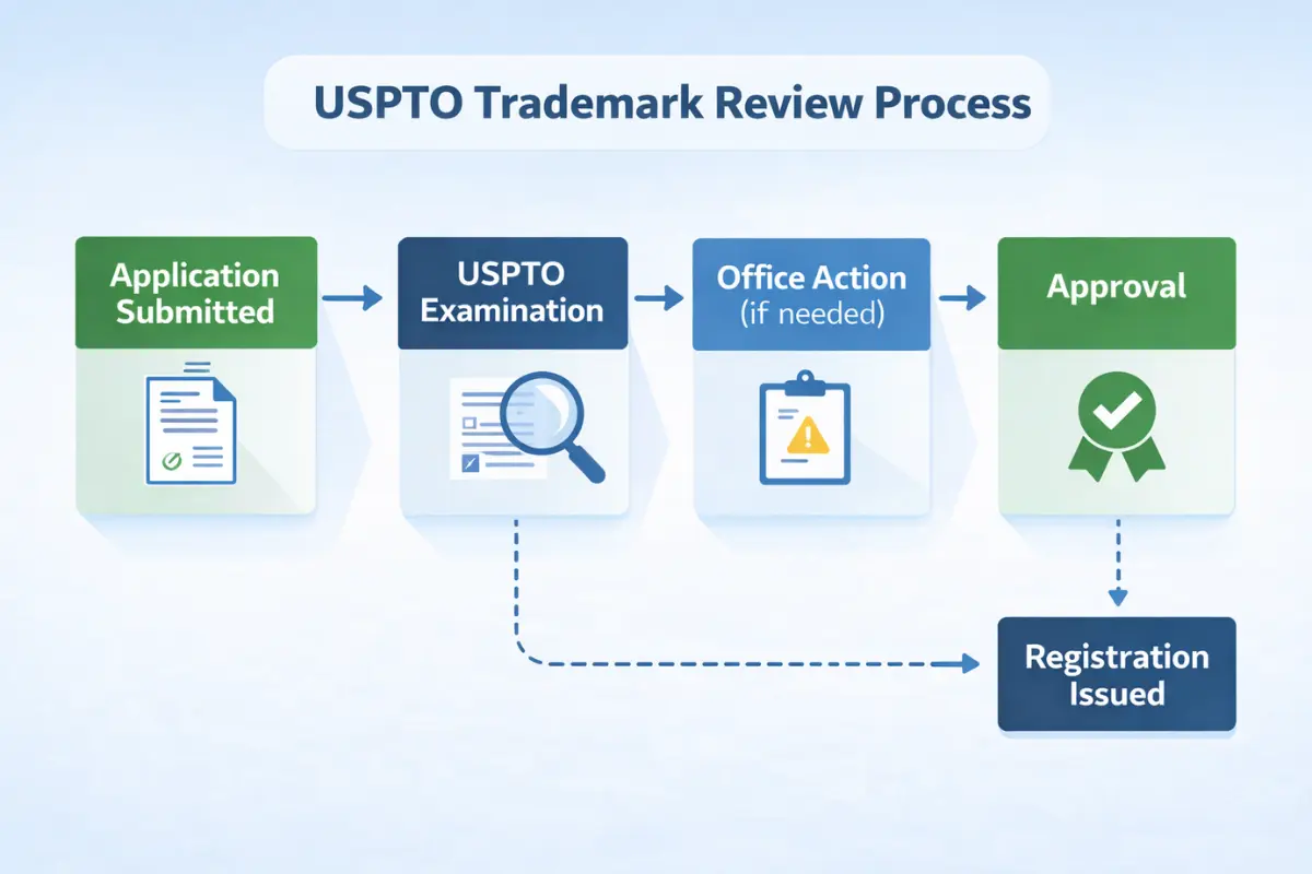 USPTO trademark review process flowchart from application submitted through examination office action and approval to maintaining a trademark registration.