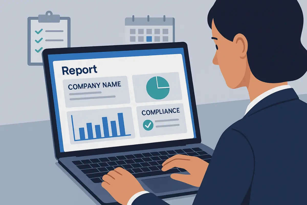 Business owner filing annual business report online showing company compliance requirements and LLC annual report deadline.
