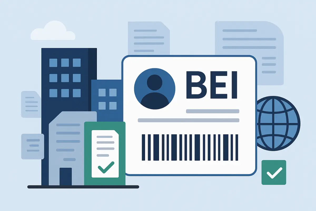 What is a Business Entity Identifier BEI number showing unique business identification code with barcode for company identifier registration system