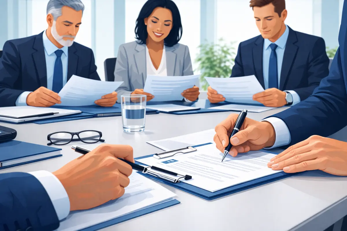 Board of directors signing a corporate resolution document at a meeting table for formal business decision documentation and corporate recordkeeping