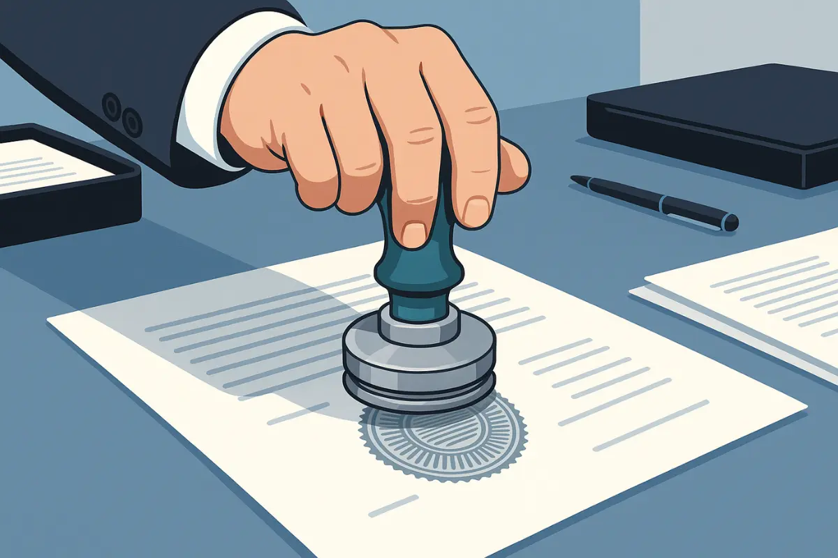 What is a corporate seal - traditional embossing tool stamping official company seal on business documents