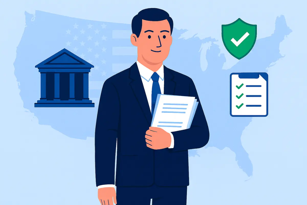 State registered agent holding legal compliance documents with courthouse and checklist for nationwide coverage