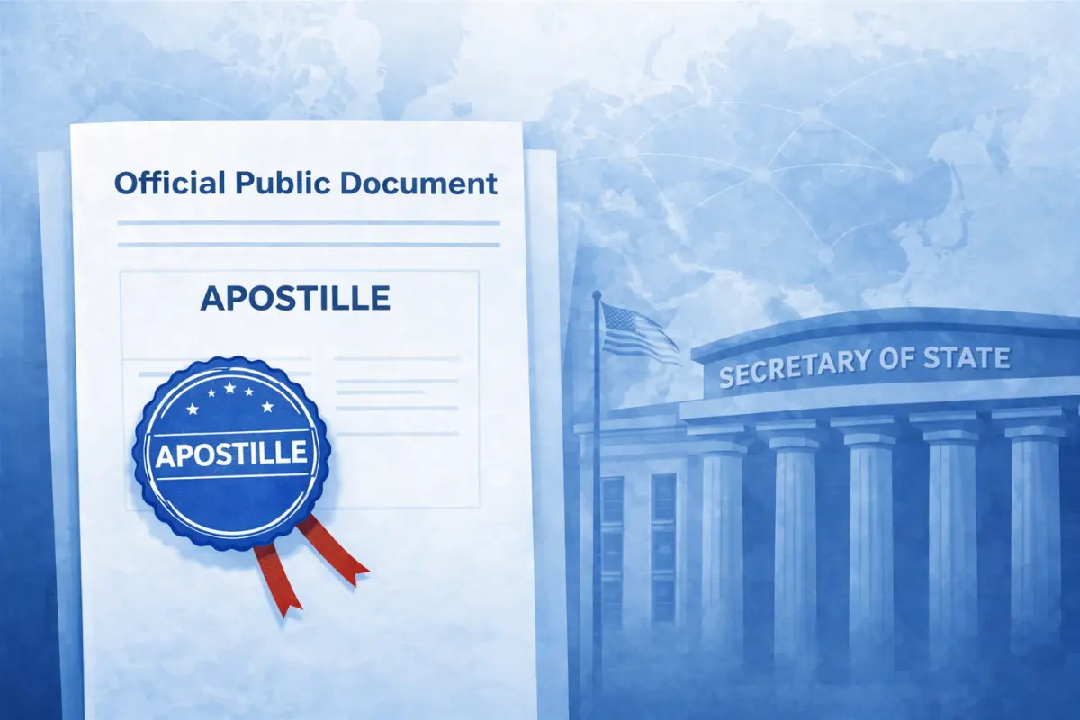 Official apostille certificate with authentication seal issued by the Secretary of State for business document authentication and international document legalization under the Hague Apostille Convention