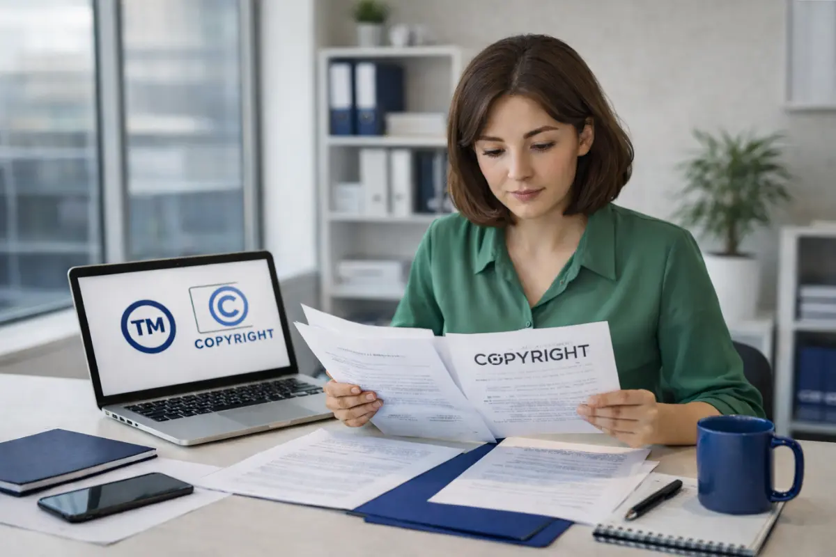 Business owner reviewing copyright and trademark documents to understand intellectual property protection differences for her company.