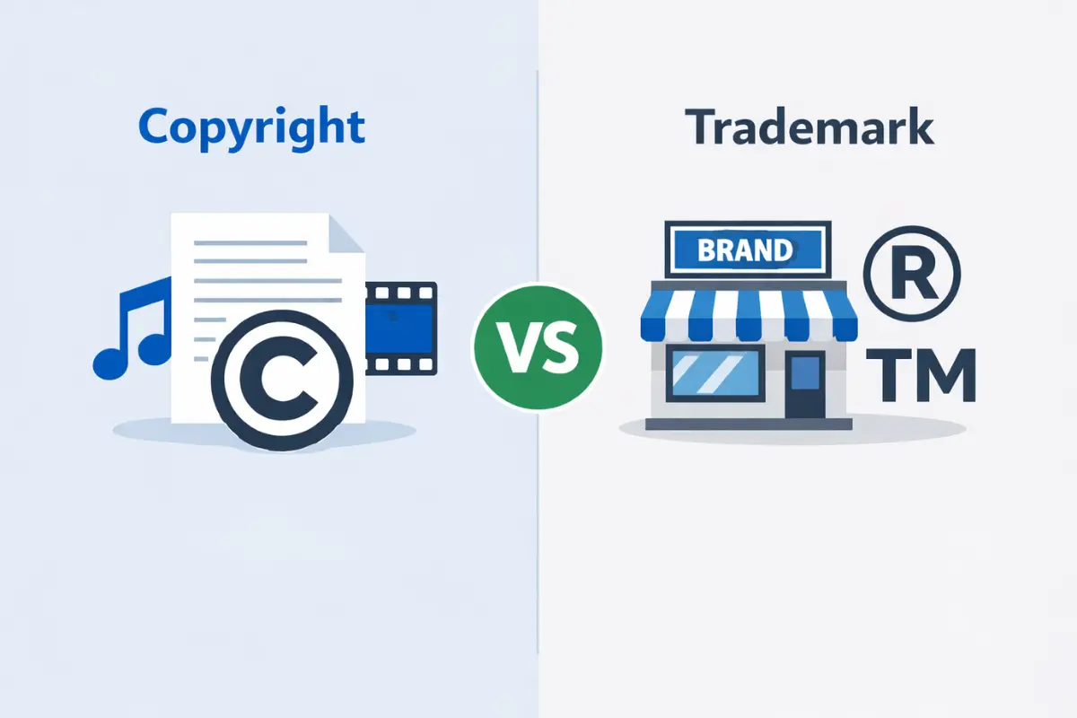 Copyright versus trademark comparison illustrating copyright protection for books music and art versus trademark protection for business names and logos.