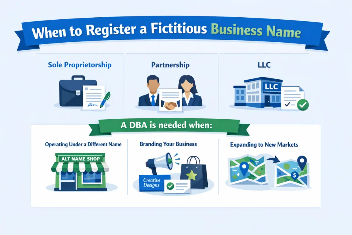 When to register a fictitious business name showing steps to file for sole proprietorship, partnership, and LLC including state requirements for DBAs and fictitious business name publication requirements.