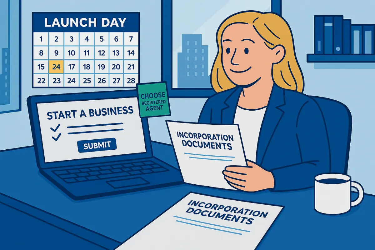 Entrepreneur choosing registered agent during business formation process with incorporation documents and launch day calendar for startup business.