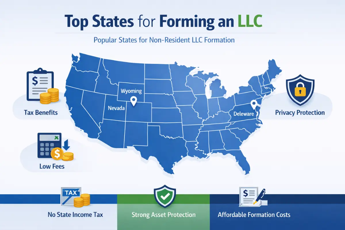 Top states for forming an LLC for non-residents showing best state to form LLC for anonymity and privacy including Wyoming Nevada and Delaware with tax benefits.