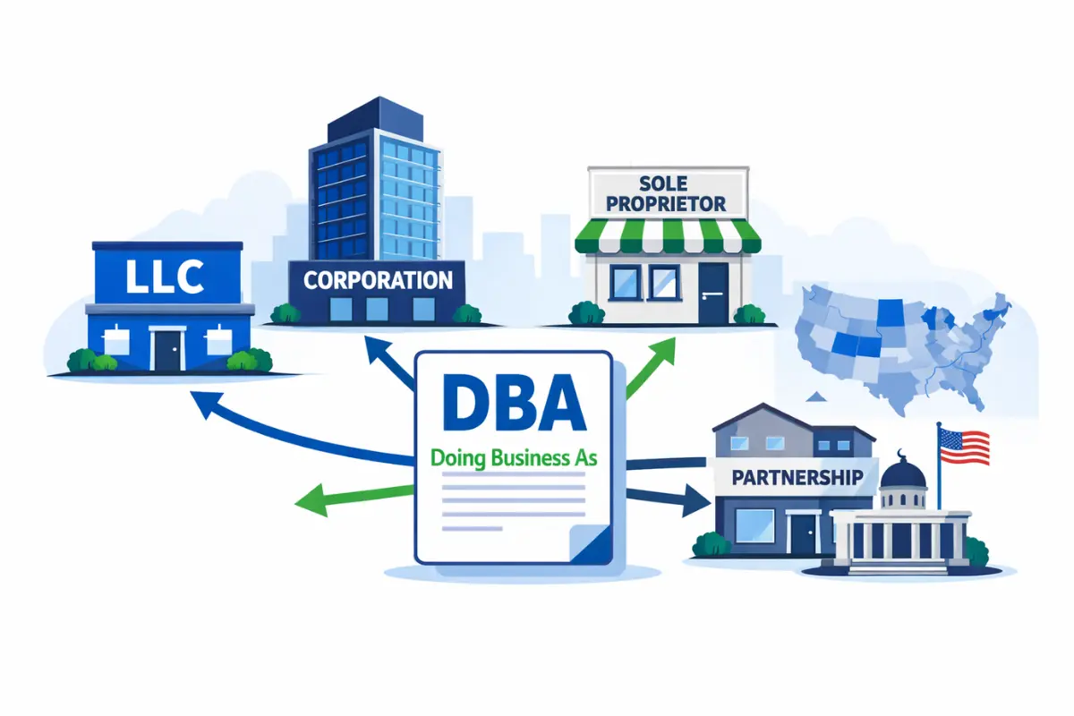 Which types of businesses can file a DBA showing LLC corporation sole proprietorship and partnership entities eligible for doing business as name filing registration.