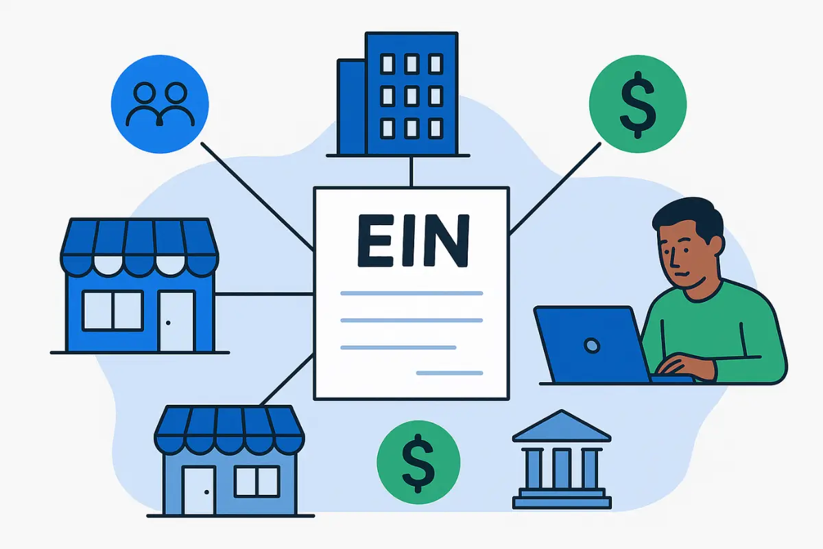 EIN number connecting business to banking employees and finances showing tax ID for LLC benefits and uses