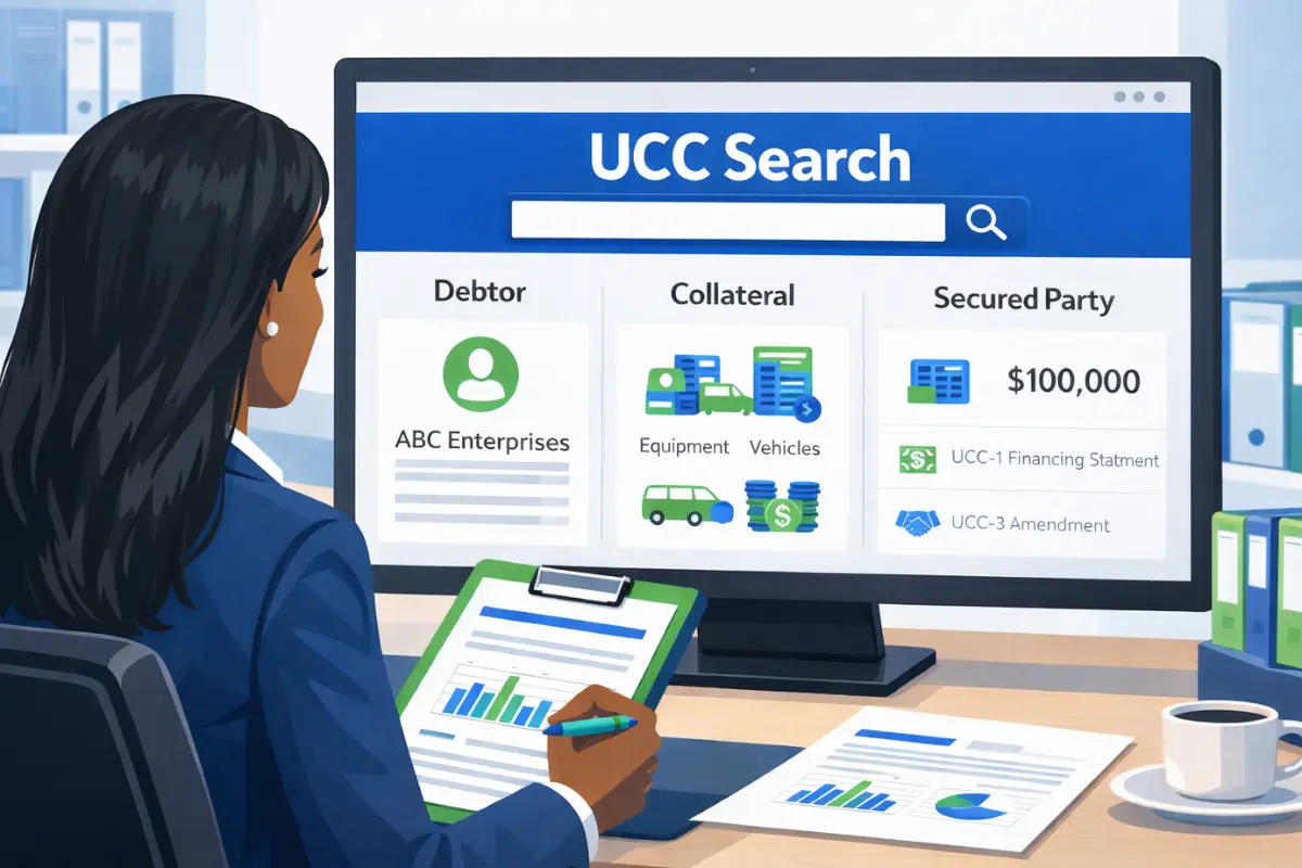 UCC search results showing debtor, collateral, and secured party details including UCC-1 financing statement and UCC-3 amendment termination records for business due diligence