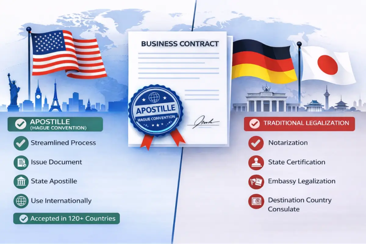 Infographic comparing apostille under the Hague Convention versus traditional international document legalization showing the streamlined apostille process accepted in 120 countries versus the multi-step notarization, state certification, embassy legalization, and consulate process for non-member countries