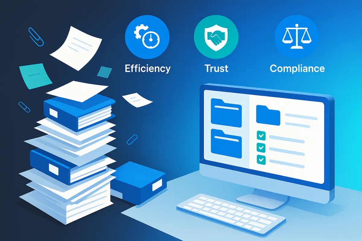 Digital document management system showing efficiency, trust and compliance benefits for organized business legal files and records.