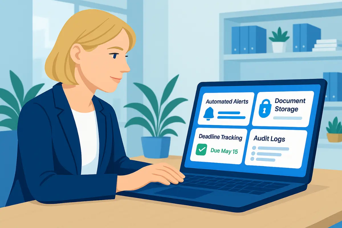 Businesswoman working with compliance automation tools showing automated alerts, document storage, deadline tracking, and audit logs for small business regulatory management.