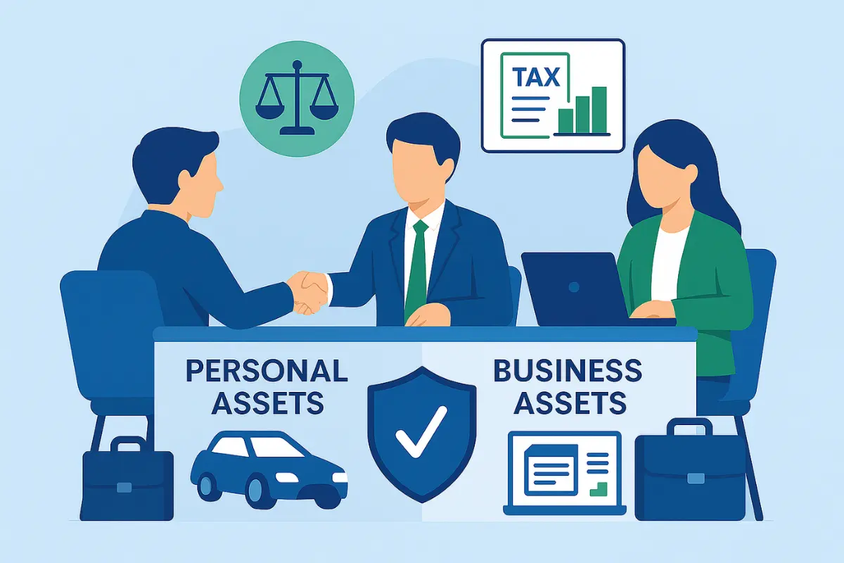 Professional consultation on business and personal asset protection strategies showing legal and tax considerations for asset separation and liability shielding.