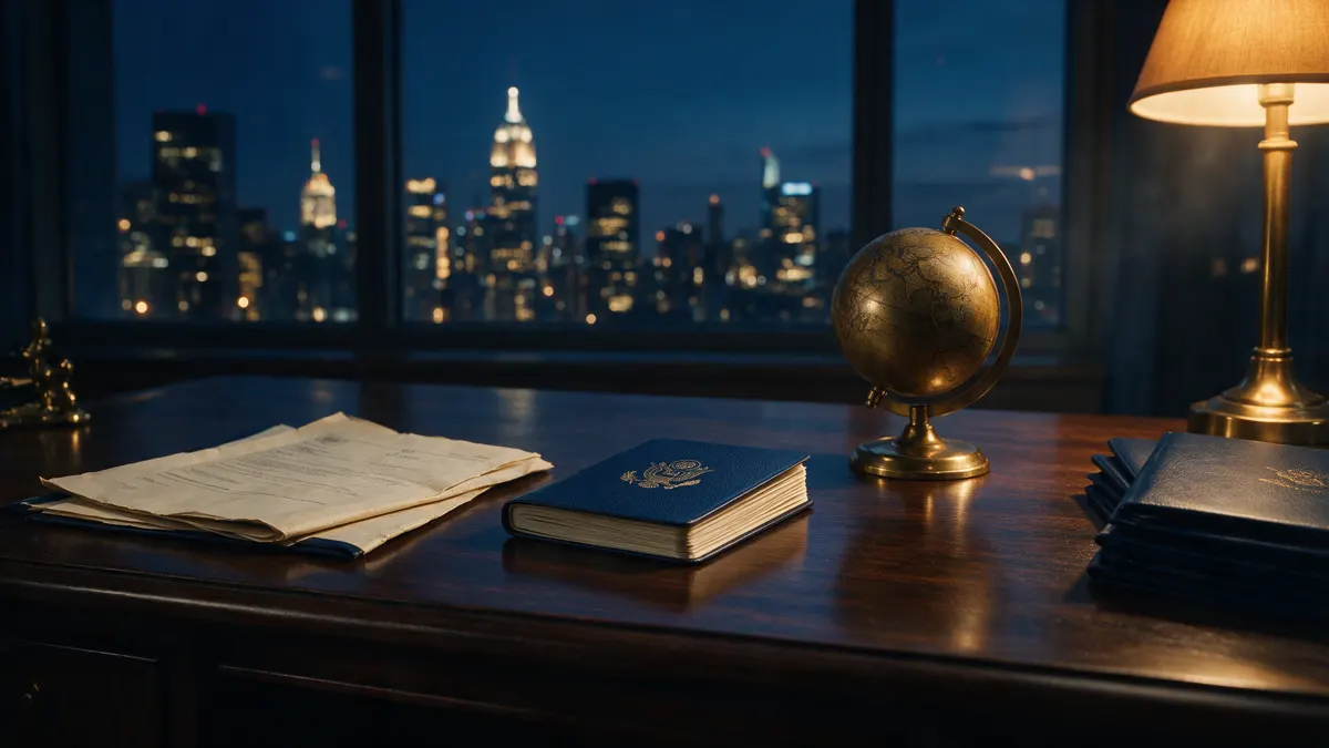 Passport, international documents and a brass desk globe on a consular desk