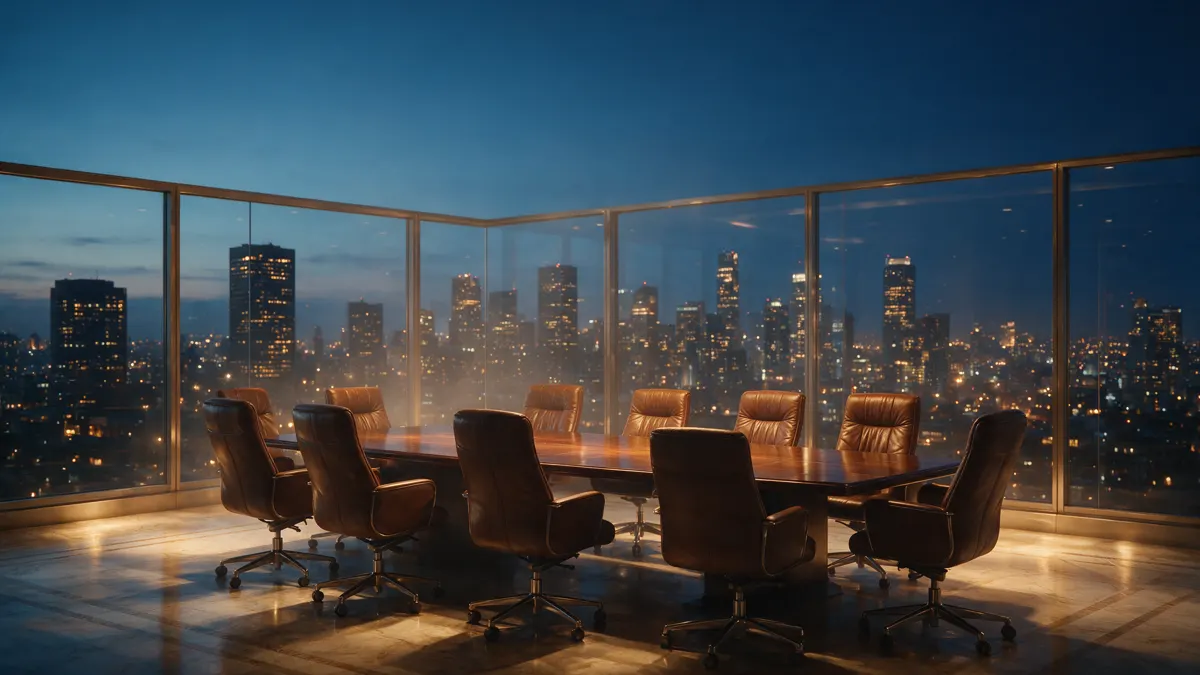 Empty executive boardroom with a long polished table and a glowing city skyline through glass