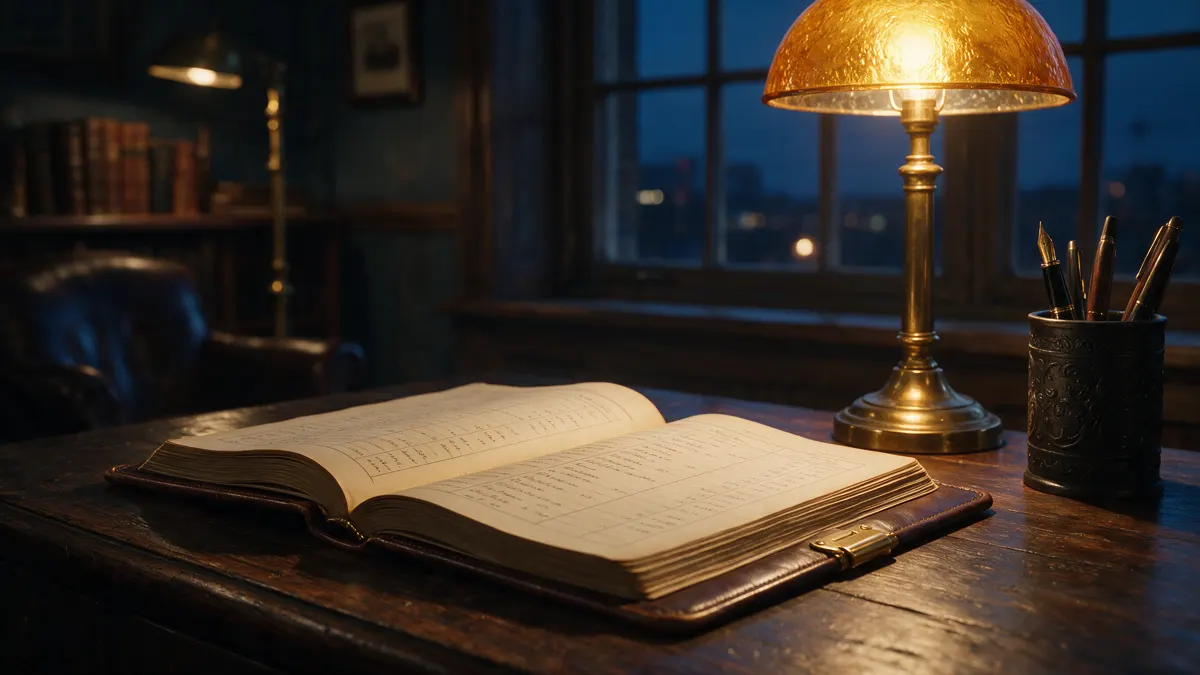 Open leather ledger with columns of entries, a brass lamp and pens on a dark desk