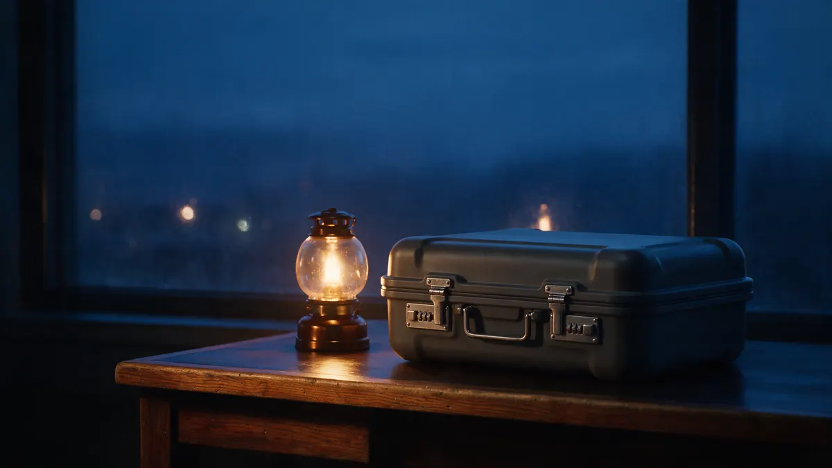 Emergency lantern glowing beside a sealed weatherproof document case on a desk