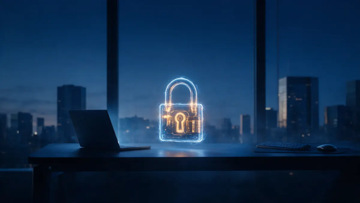 Glowing padlock hologram floating above a sleek dark desk with a closed laptop