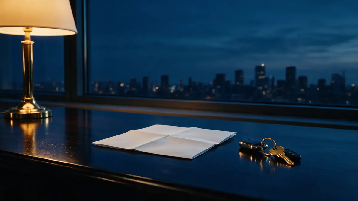 Escritorio de oficina despejado al atardecer con un solo documento doblado y un juego de llaves