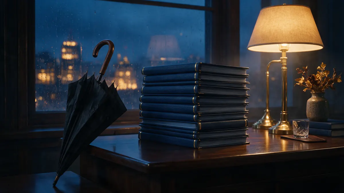 Classic umbrella resting against a desk stacked with bound policy documents