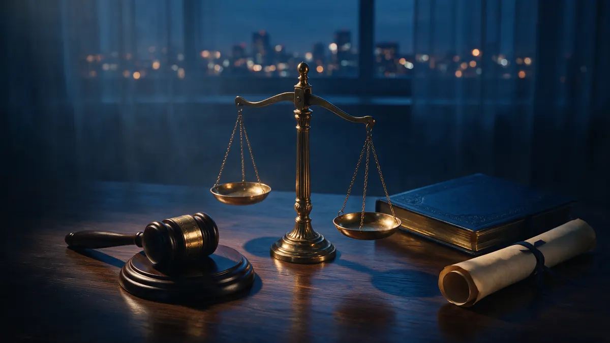 Wooden gavel and brass scales of justice on a dark desk with bound documents