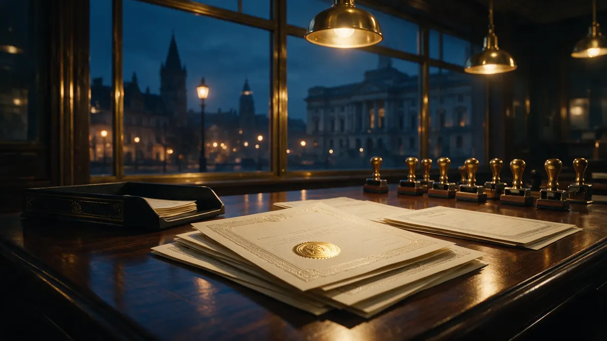 Dark wood desk with official permit documents and a row of rubber stamps at dusk