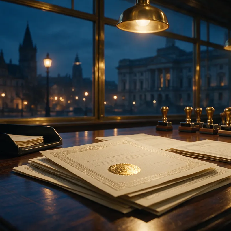 Dark wood desk with official permit documents and a row of rubber stamps at dusk