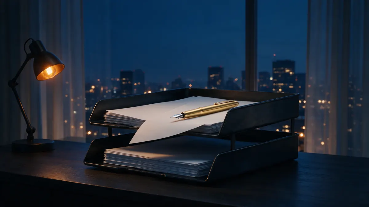 Two stacked document trays with pages mid-transfer and a pen resting on top