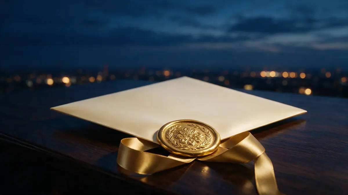 Certificado formal con un sello dorado en relieve y un listón sobre madera oscura pulida