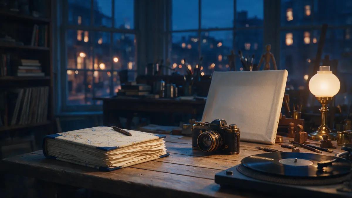 Creative studio workbench with a bound manuscript, camera, vinyl record and canvas