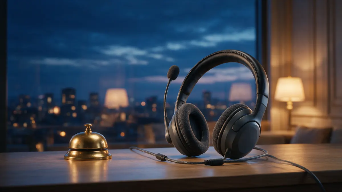 Telephone headset resting on a tidy support desk beside a small brass service bell