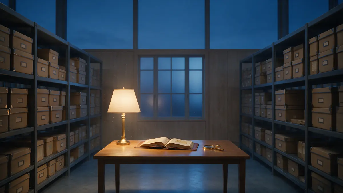 Archive shelving with labeled document boxes and an open leather binder under lamp glow