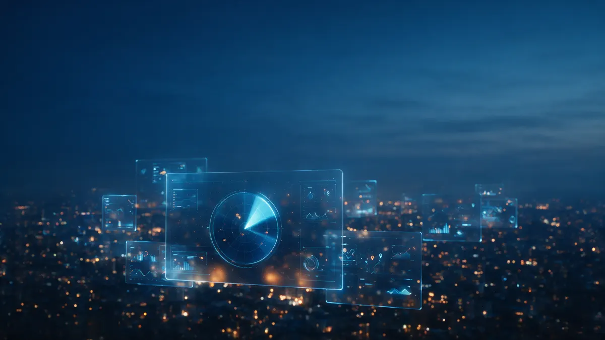 Panel de monitoreo luminoso y paneles de barrido de radar flotando sobre las luces de la ciudad