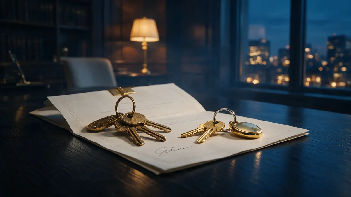 Two sets of keys, one worn and one newly cut, resting on a folded signed agreement