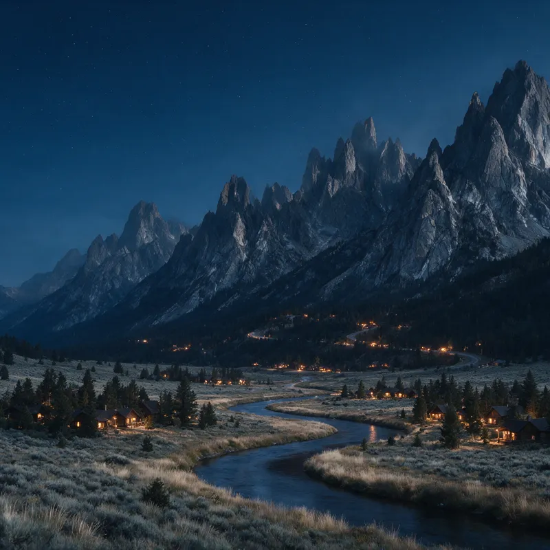 Wyoming mountain valley with lit cabins at dusk - incorporating in Wyoming