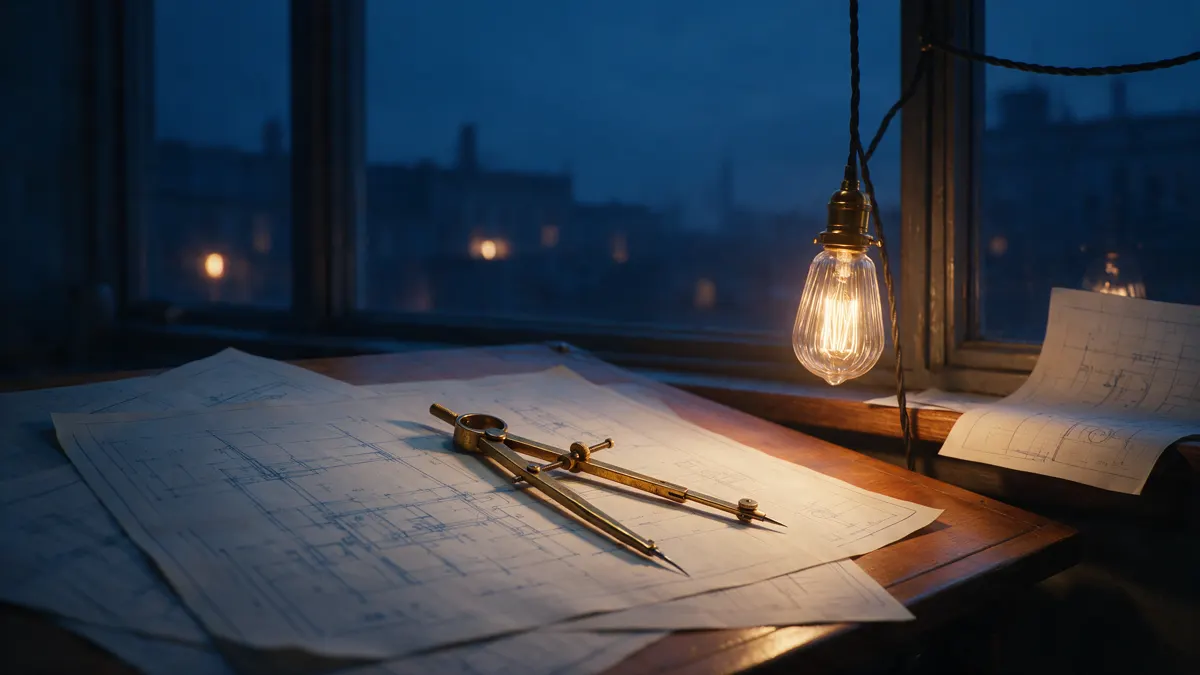 Technical blueprint drawings on a drafting table with a brass drafting compass and glowing bulb