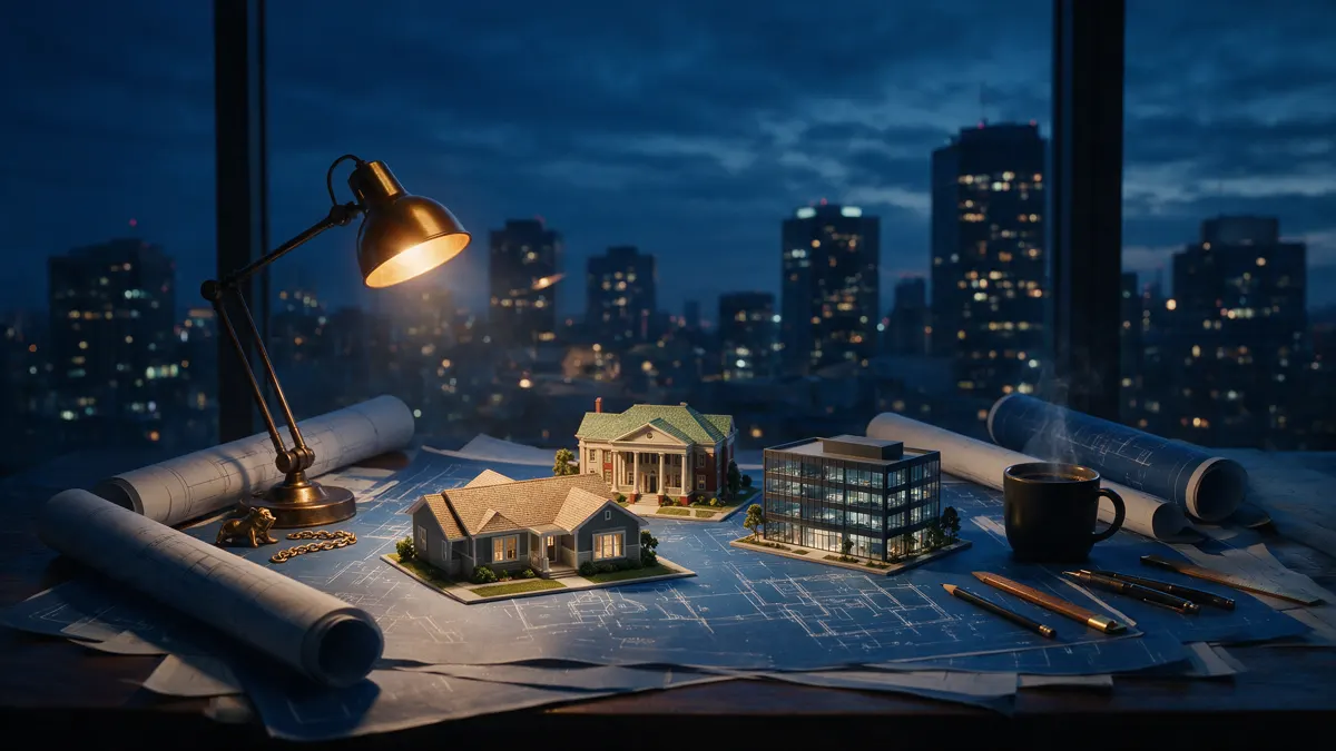 Miniature architectural house models arranged on rolled blueprints on a desk