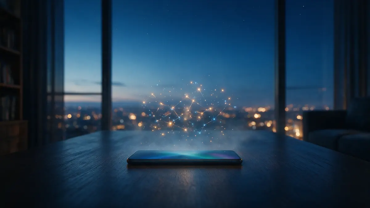 Smartphone on a dark desk with a glowing constellation of connected light points above it