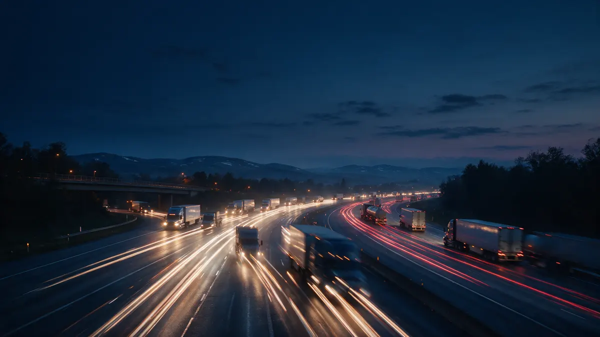 Camiones de carga interestatales en una autopista al atardecer con estelas de luz