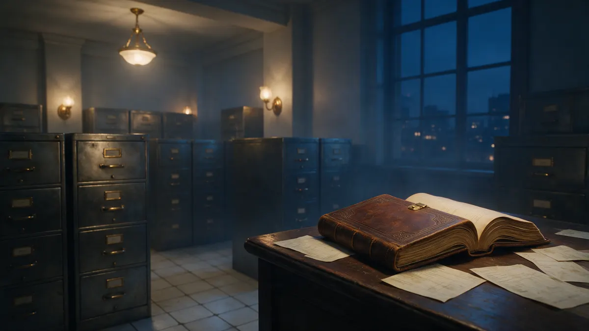 Libro de registros de cuero abierto sobre el mostrador de una oficina de archivos con archiveros de acero al fondo