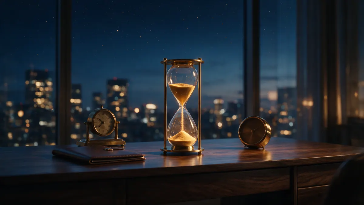 Hourglass and a small desk clock on a tidy dark desk with a closed notebook